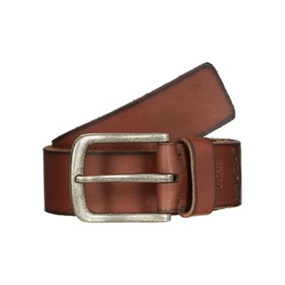 Designer brown leather logo tab belt